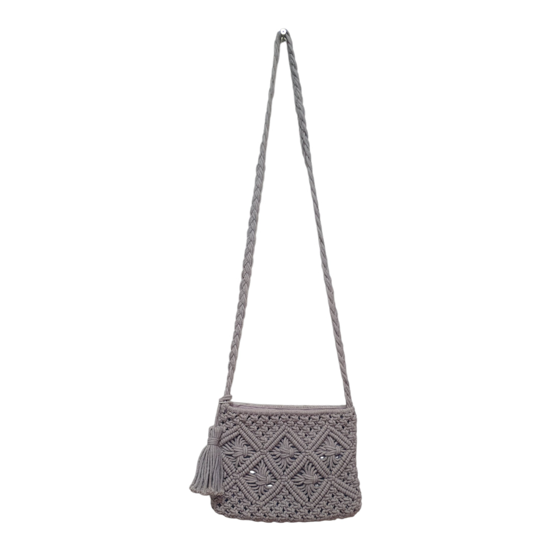 Handcrafted Macramé Crossbody Bag with Tassel - Light Grey