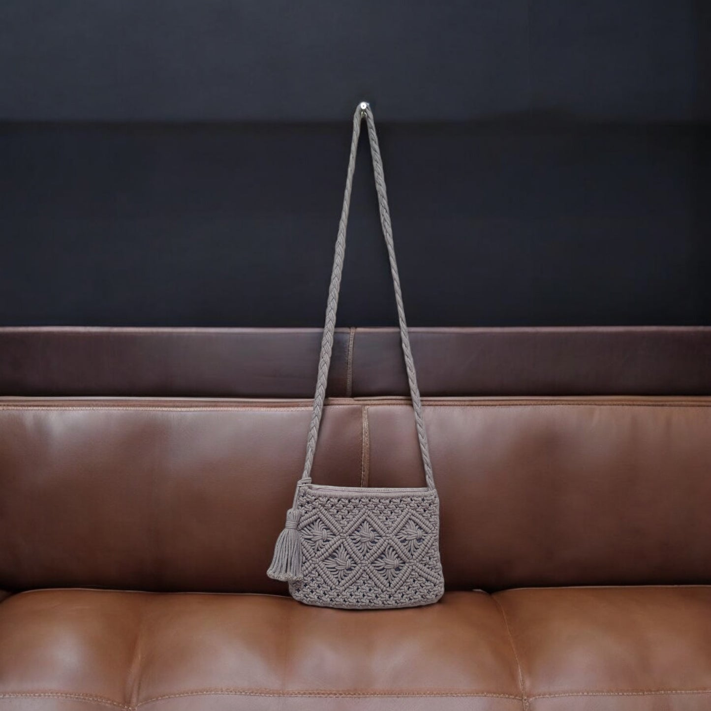 Handcrafted Macramé Crossbody Bag with Tassel - Light Grey