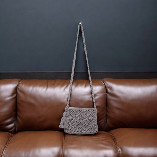 Handcrafted Macramé Crossbody Bag with Tassel - Light Grey