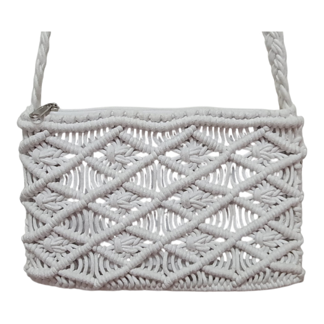 Handcrafted Macramé Crossbody Bag with Tassel - Light Grey