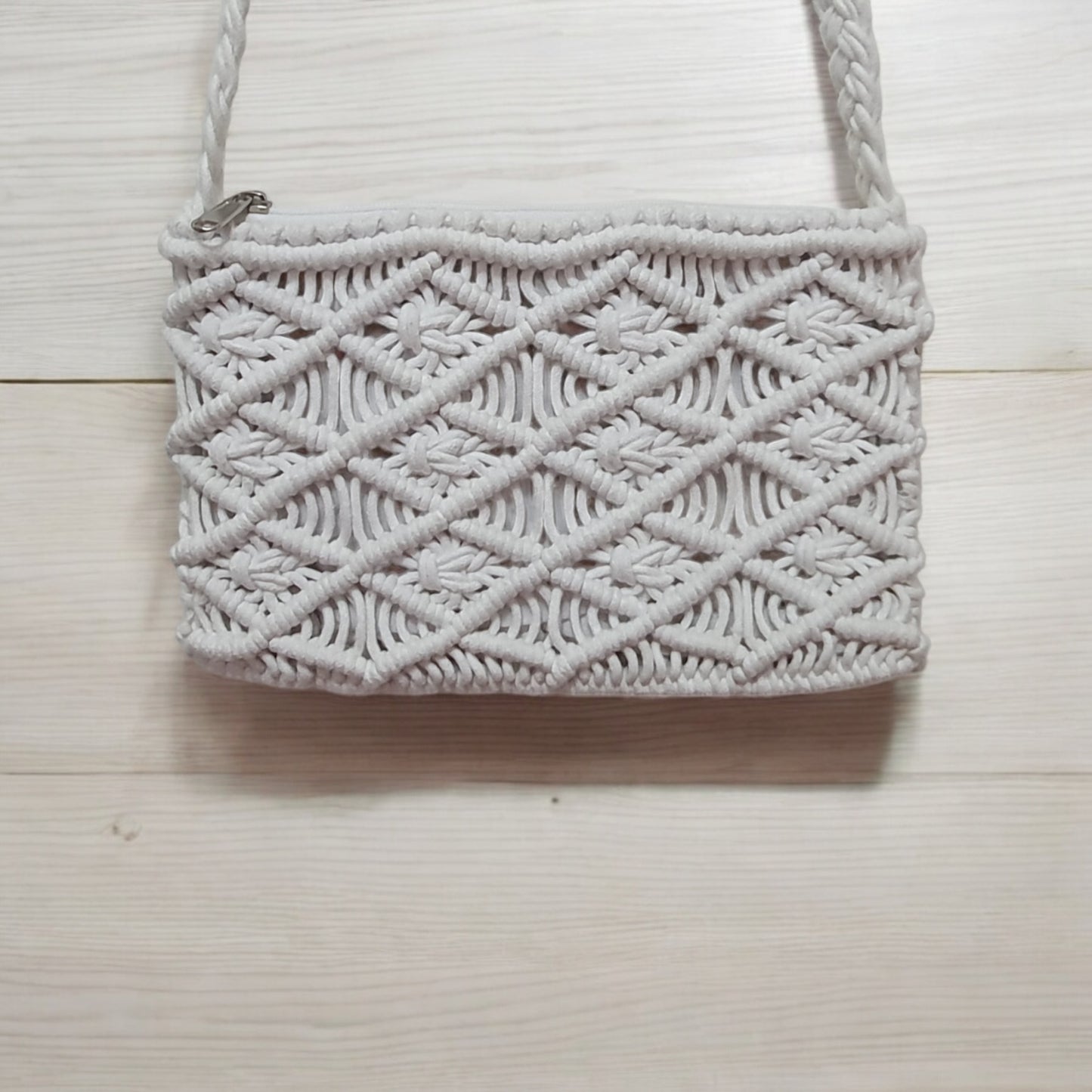 Handcrafted Macramé Crossbody Bag with Tassel - Light Grey