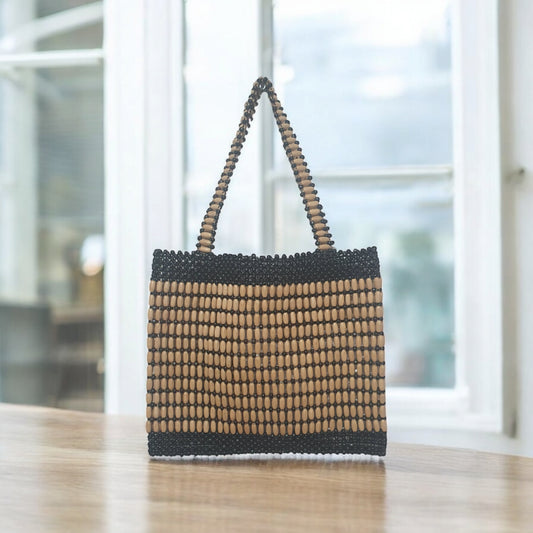 Handmade Wooden Beaded Tote Bag - Natural Black
