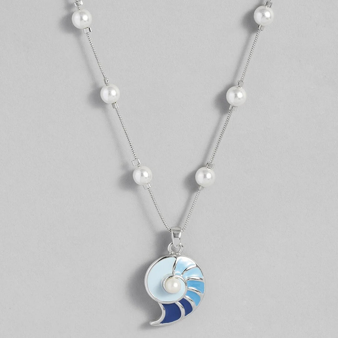 Rhodium Plated Shell of Blue Chain Necklaces