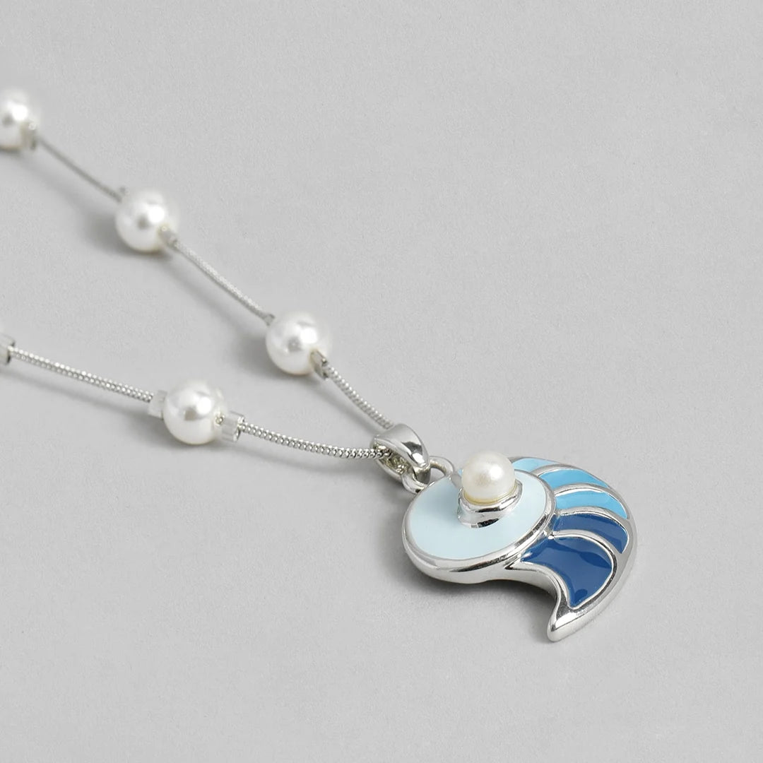 Rhodium Plated Shell of Blue Chain Necklaces