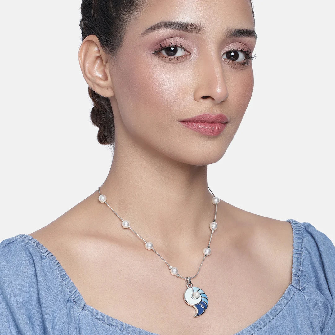 Rhodium Plated Shell of Blue Chain Necklaces