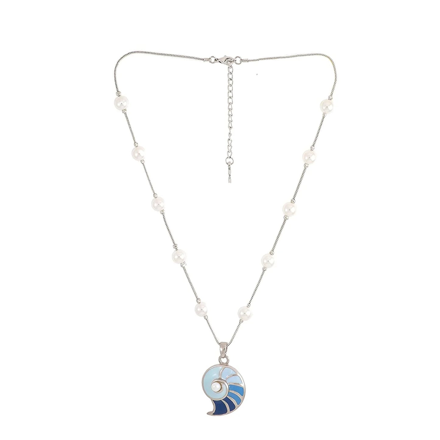 Rhodium Plated Shell of Blue Chain Necklaces