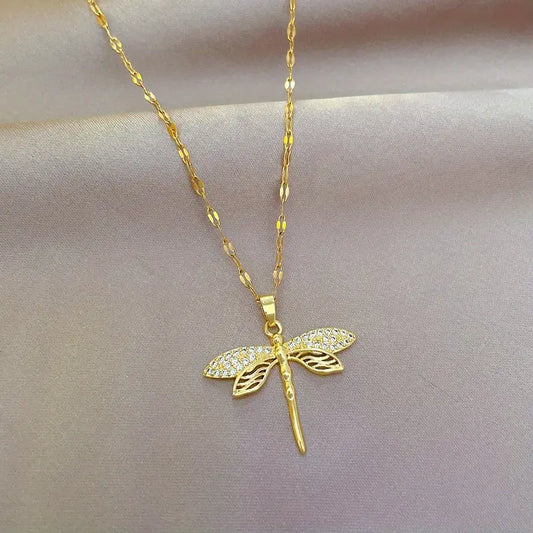 Creative Hollow Dragonfly Pendant Titanium Steel Chain, Faux Crystal Hollow Dragonfly Pendant Necklace