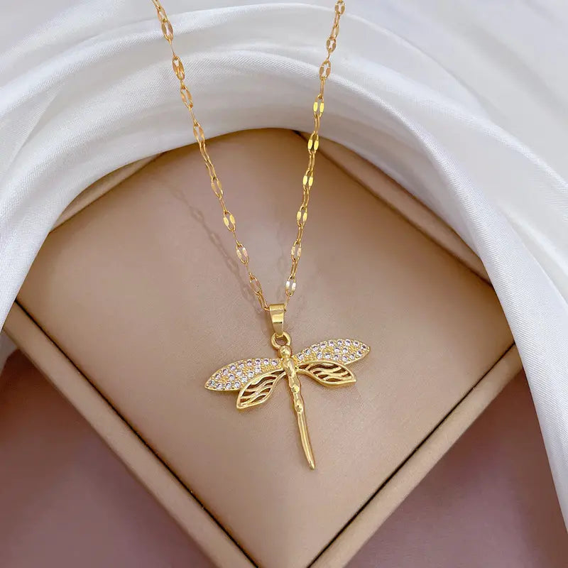 Creative Hollow Dragonfly Pendant Titanium Steel Chain, Faux Crystal Hollow Dragonfly Pendant Necklace