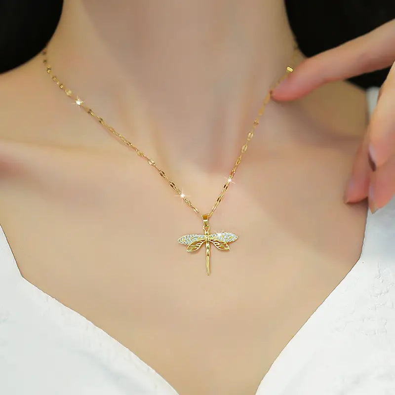 Creative Hollow Dragonfly Pendant Titanium Steel Chain, Faux Crystal Hollow Dragonfly Pendant Necklace