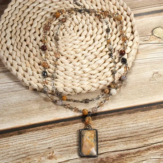 Spring Series Vintage Necklace, Natural Stone Crystal Glass Black Chain Two Layers Necklace Square Facet Stone Pendant Necklace - Copper