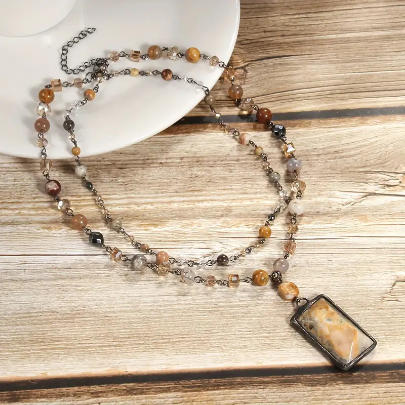 Spring Series Vintage Necklace, Natural Stone Crystal Glass Black Chain Two Layers Necklace Square Facet Stone Pendant Necklace - Copper