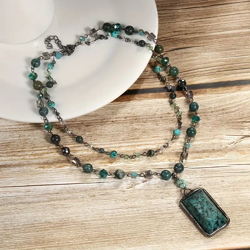 Spring Series Vintage Necklace, 4/6/8mm Natural Stone Crystal Glass Black Chain Two Layers Necklace Square Facet Stone Pendant Necklace - Green