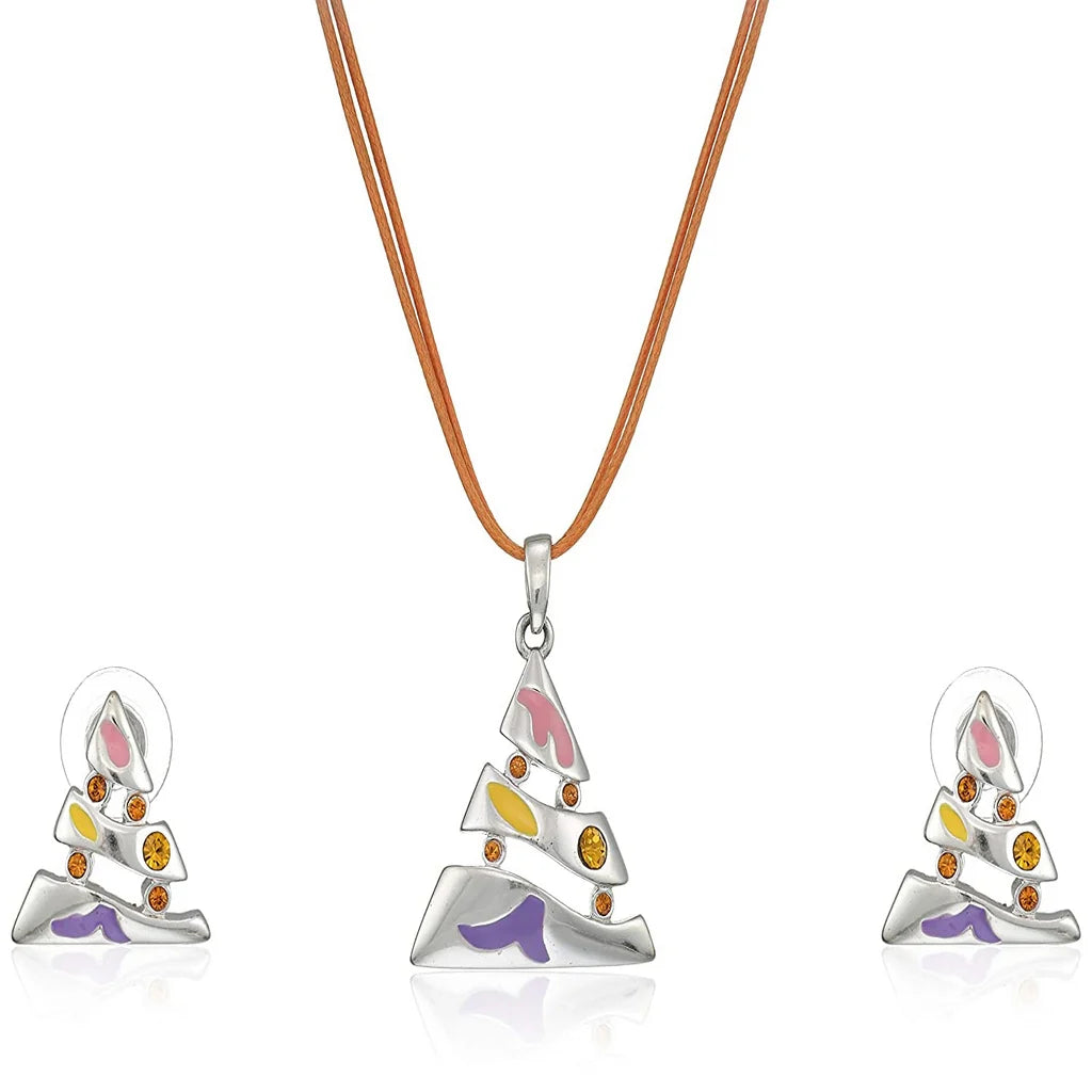 Silver Plated Triangle with Enamel and Austrian Crystal Necklace Set