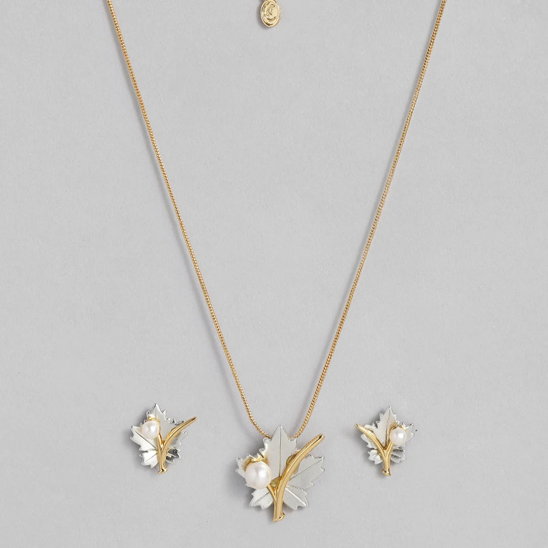 24Kt Gold & Rhodium Plated Maple Leaf Designer Necklace Set with Pearl