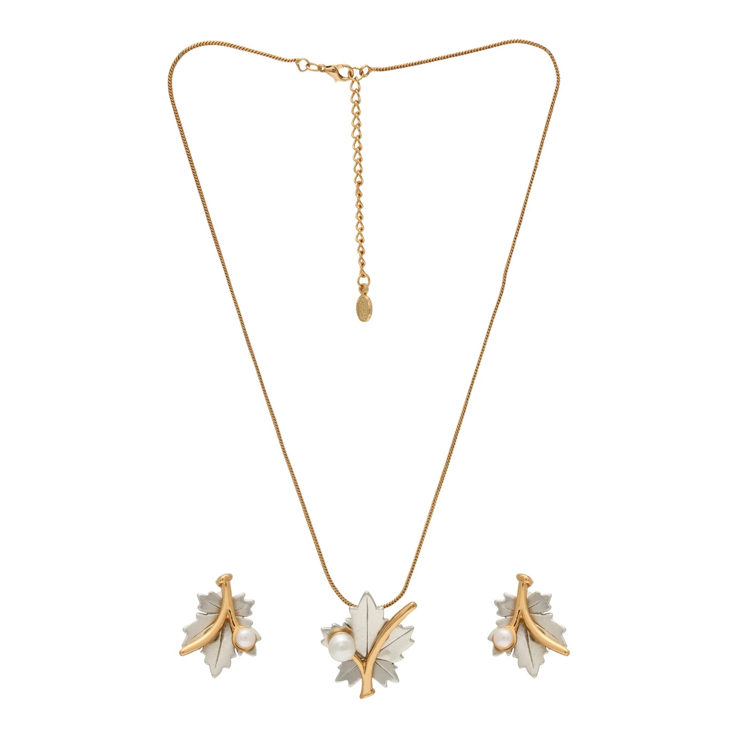 24Kt Gold & Rhodium Plated Maple Leaf Designer Necklace Set with Pearl