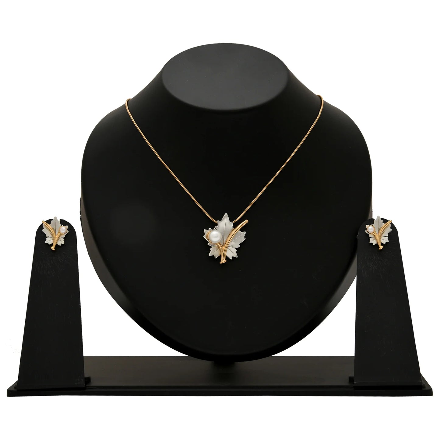 24Kt Gold & Rhodium Plated Maple Leaf Designer Necklace Set with Pearl