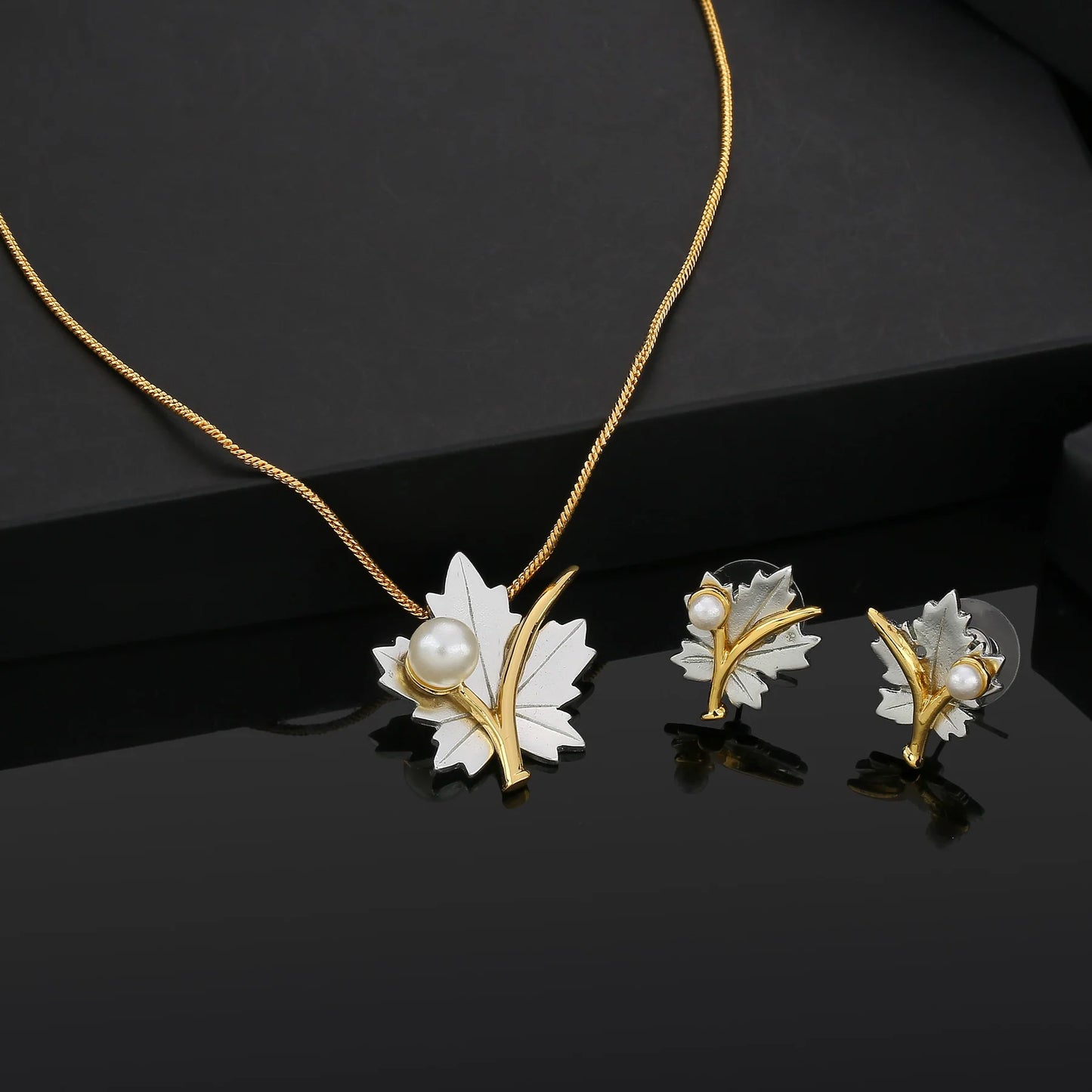 24Kt Gold & Rhodium Plated Maple Leaf Designer Necklace Set with Pearl