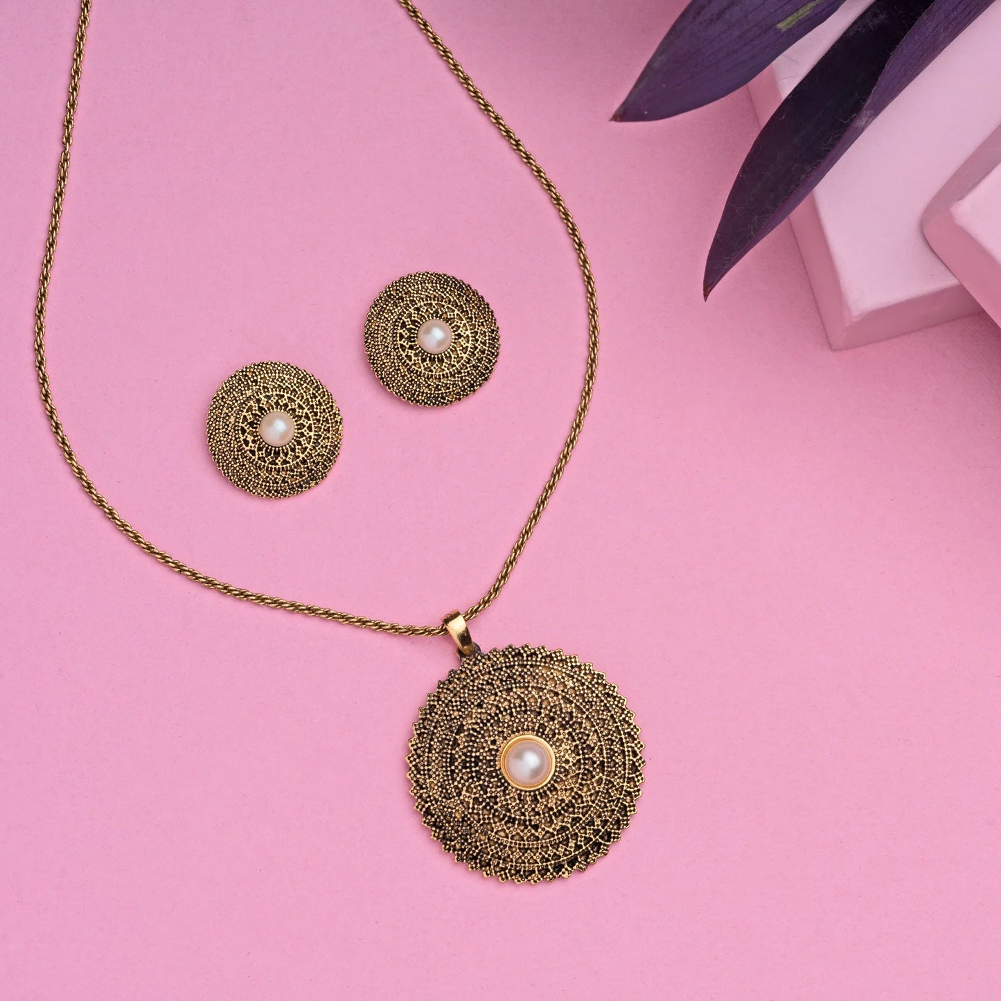 24 Kt Oxidized 24Kt Gold Plated Pearl Mandala Chain Necklaces