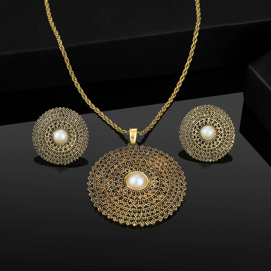 24 Kt Oxidized 24Kt Gold Plated Pearl Mandala Chain Necklaces