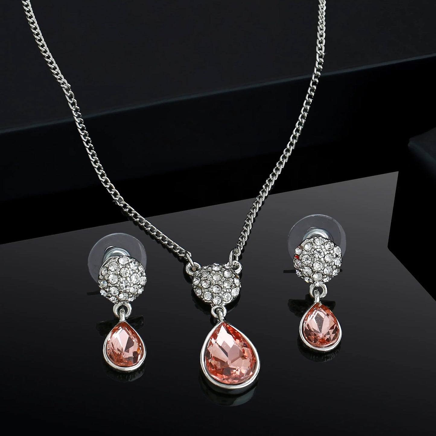 Rhodium Plated Champagne stone pendant set