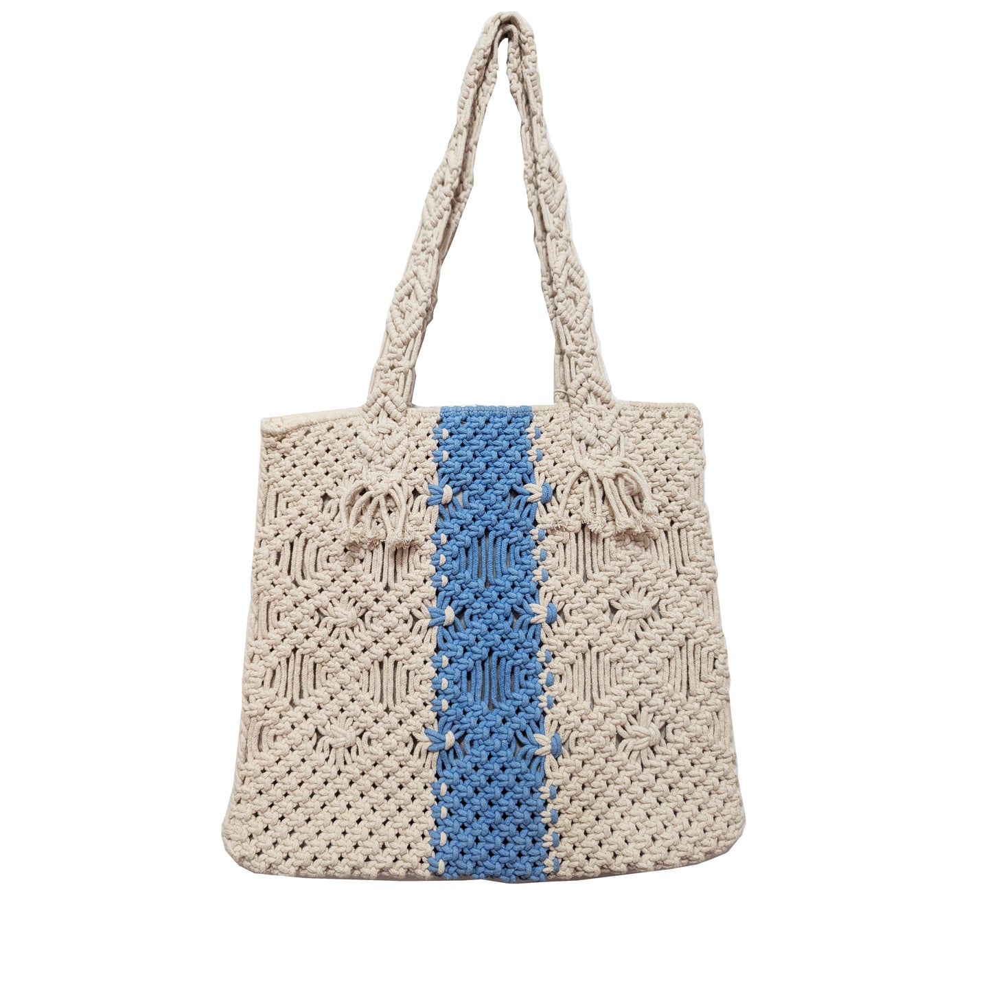 Nautical Chic: White & Blue Striped Macrame Tote