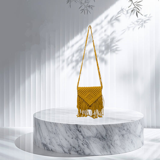 Golden Yellow Macramé Clutch Crossbody Bag with Flap