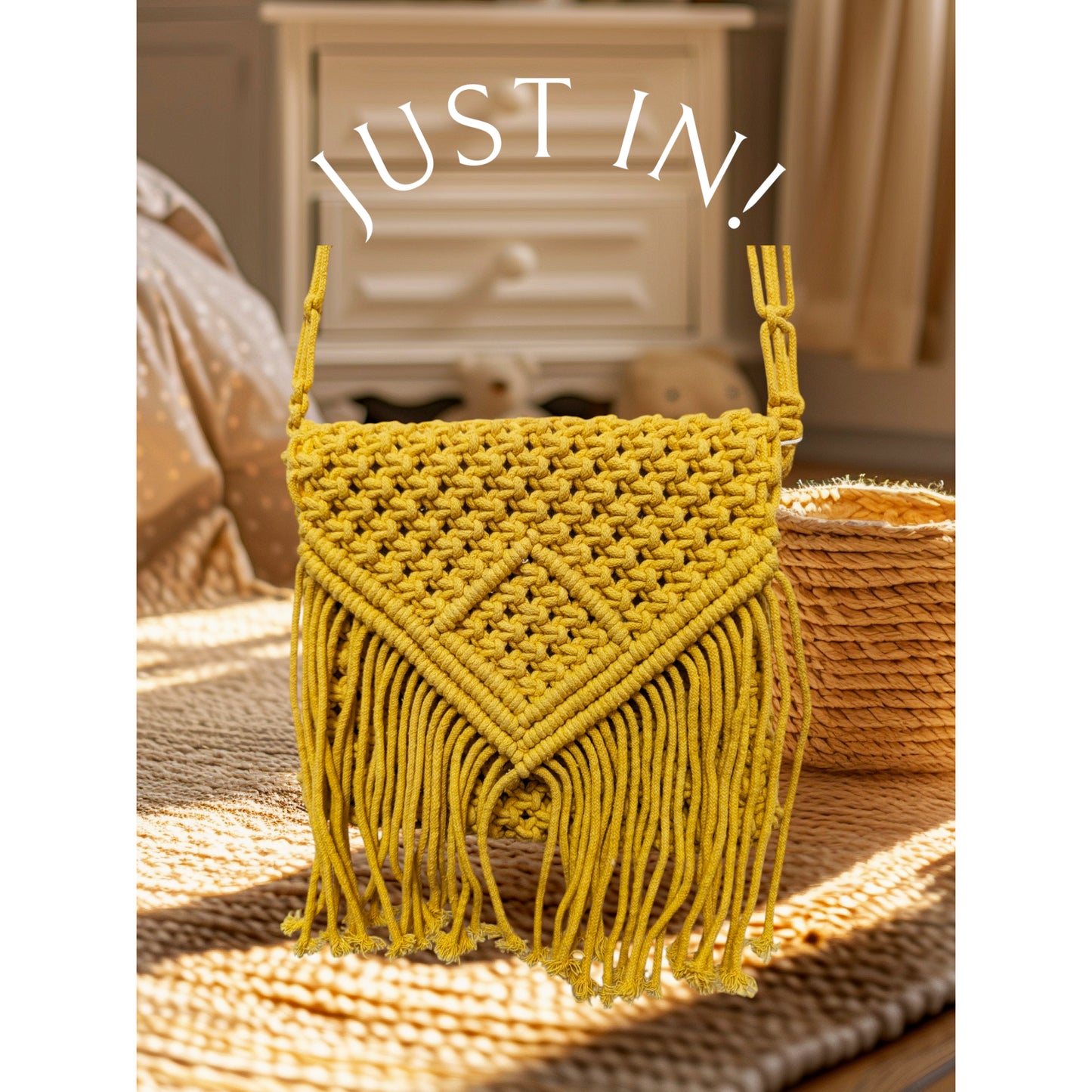 Golden Yellow Macramé Clutch Crossbody Bag with Flap