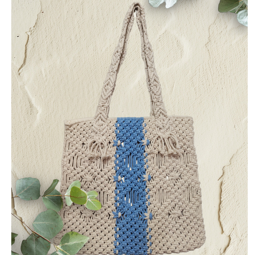 Nautical Chic: White & Blue Striped Macrame Tote