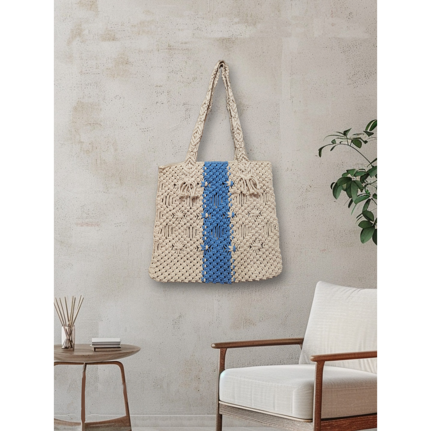 Nautical Chic: White & Blue Striped Macrame Tote