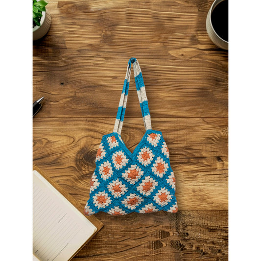 Blooming in Blue and Orange Crochet Hobo