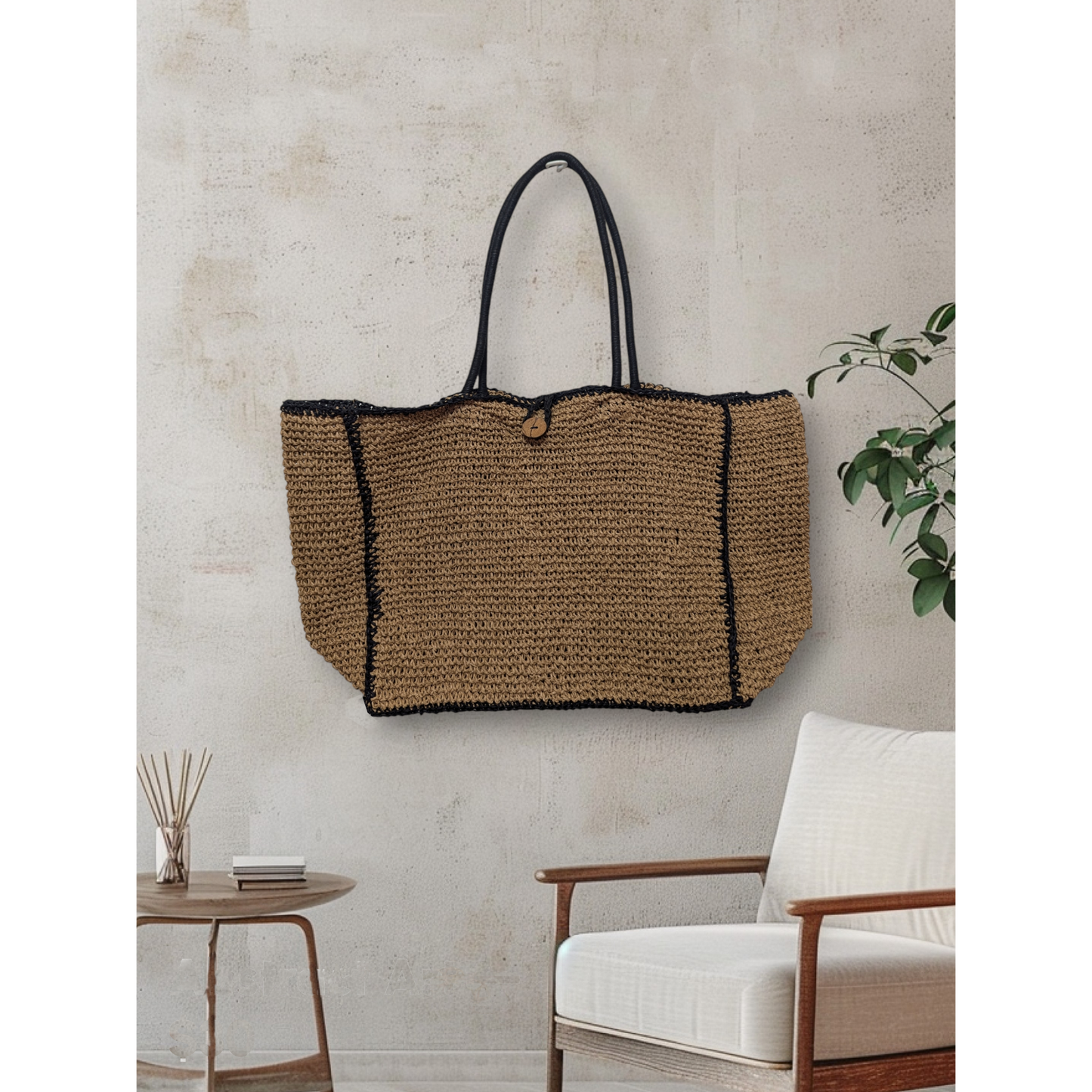 Paper Raffia Tote with Coconut Button Closure