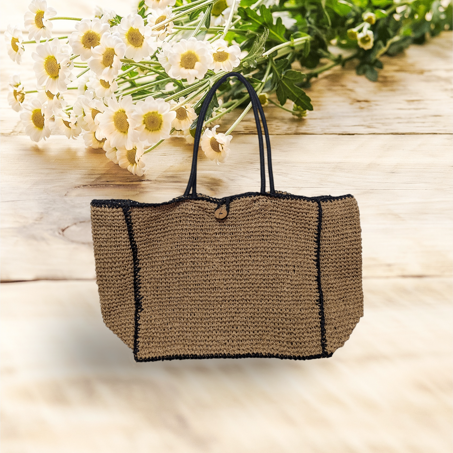 Paper Raffia Tote with Coconut Button Closure